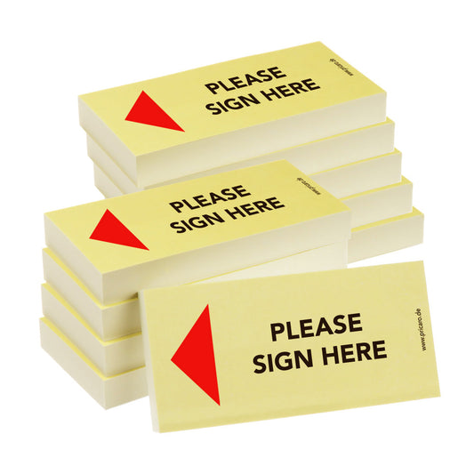 haftnotiz schmal, englische sprachversion, aufdruck "please sign here", mit pfeil links, gelbe optik, 10er set
