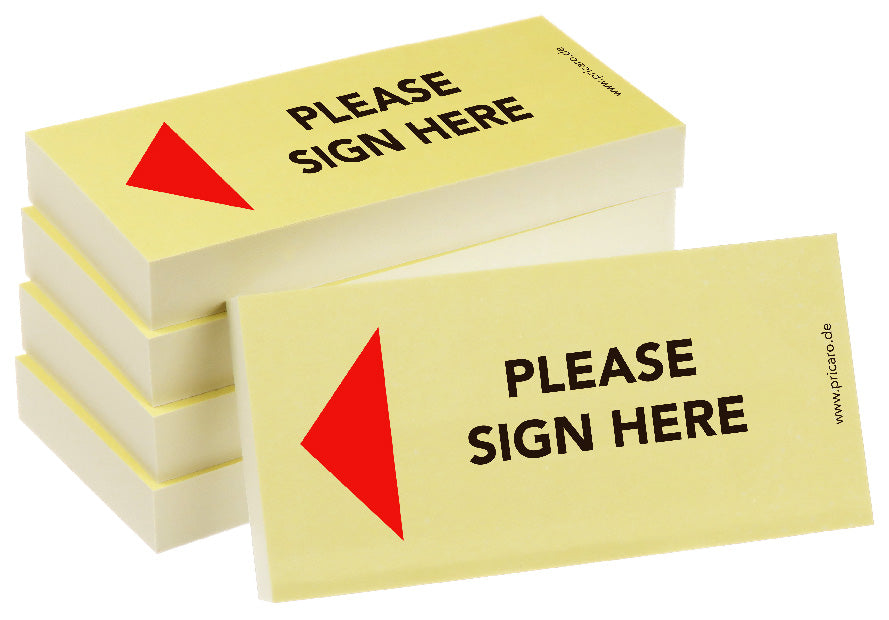 haftnotiz schmal, englische sprachversion, aufdruck "please sign here", mit pfeil links, gelbe optik, 5er set