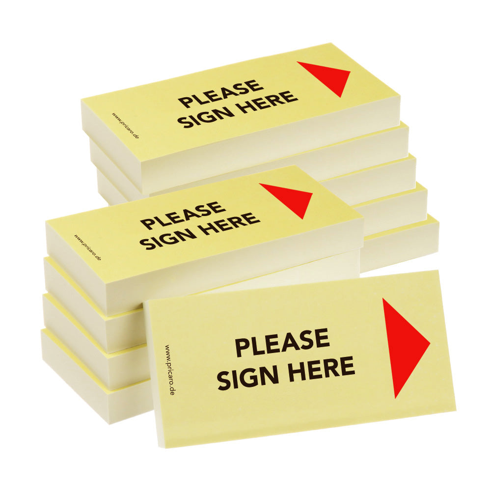 haftnotiz schmal, englische sprachversion, aufdruck "please sign here", mit pfeil rechts, gelbe optik, 10er set