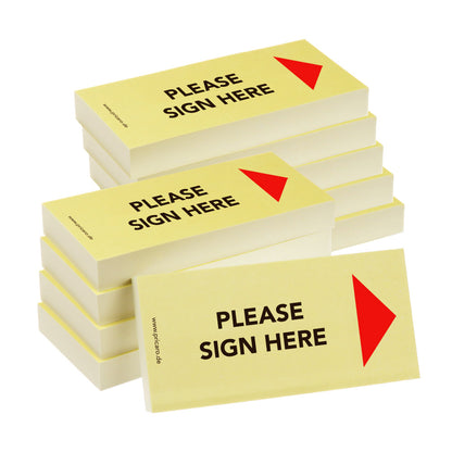 haftnotiz schmal, englische sprachversion, aufdruck "please sign here", mit pfeil rechts, gelbe optik, 10er set