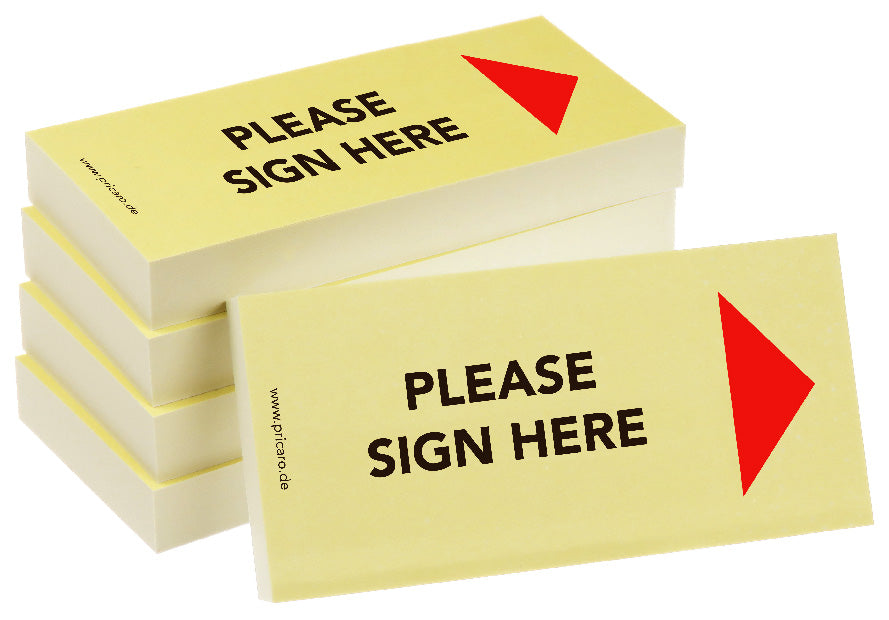 haftnotiz schmal, englische sprachversion, aufdruck "please sign here", mit pfeil rechts, gelbe optik, 5er set