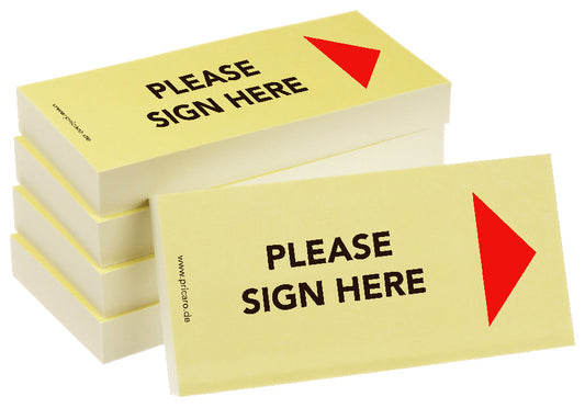 haftnotiz schmal, englische sprachversion, aufdruck "please sign here", mit pfeil rechts, gelbe optik, 5er set