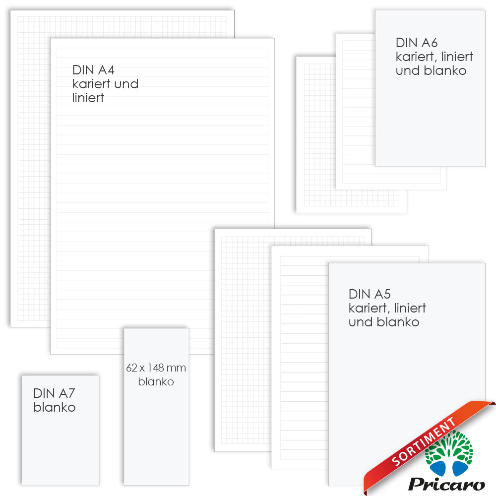 sortimentsübersicht notizblöcke liniert, kariert und blanko