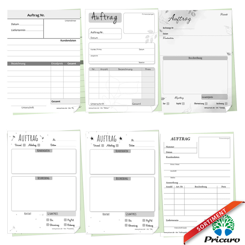 sortimentsübersicht auftragsblöcke mit durchschlag