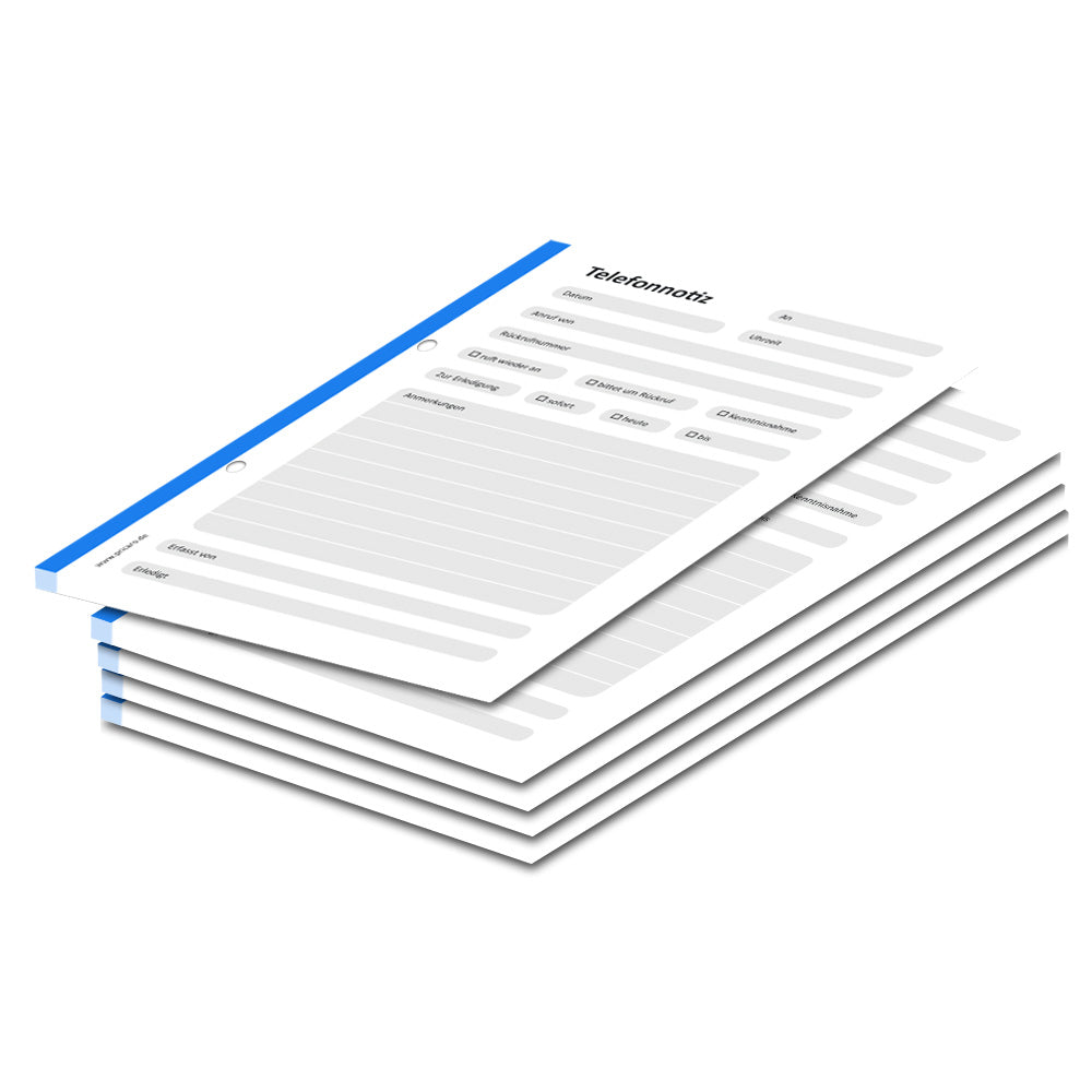telefonnotizblock blau, gelocht, blau-graue optik mit platz für datum, anruferinfos und anmerkungen, 5er set
