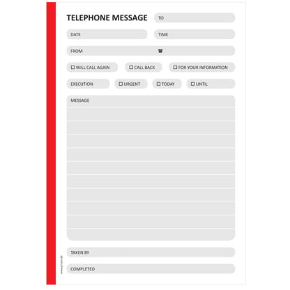 telefonnotizblock rot, ungelocht, rot-graue optik mit platz für datum, anruferinfos und anmerkungen, englische sprachversion, front ansicht