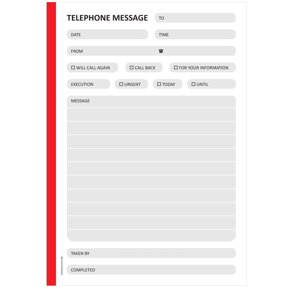 telefonnotizblock rot, ungelocht, rot-graue optik mit platz für datum, anruferinfos und anmerkungen, englische sprachversion, front ansicht
