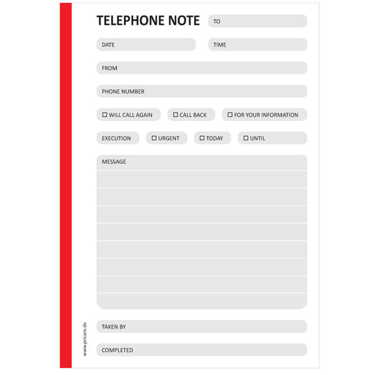 telefonnotizblock rot, ungelocht, rot-graue optik mit platz für datum, anruferinfos und anmerkungen, englische sprachversion, front ansicht