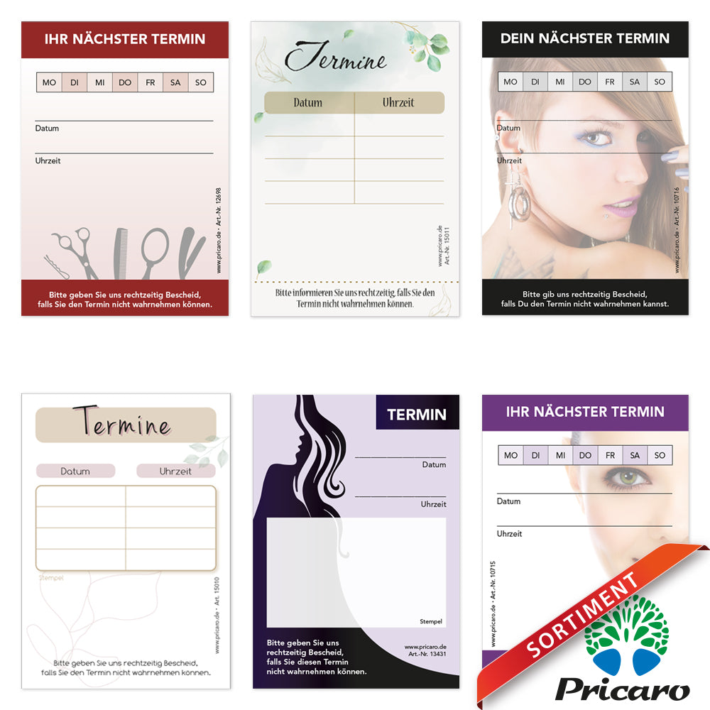 sortimentsübersicht verschiedene terminblöcke