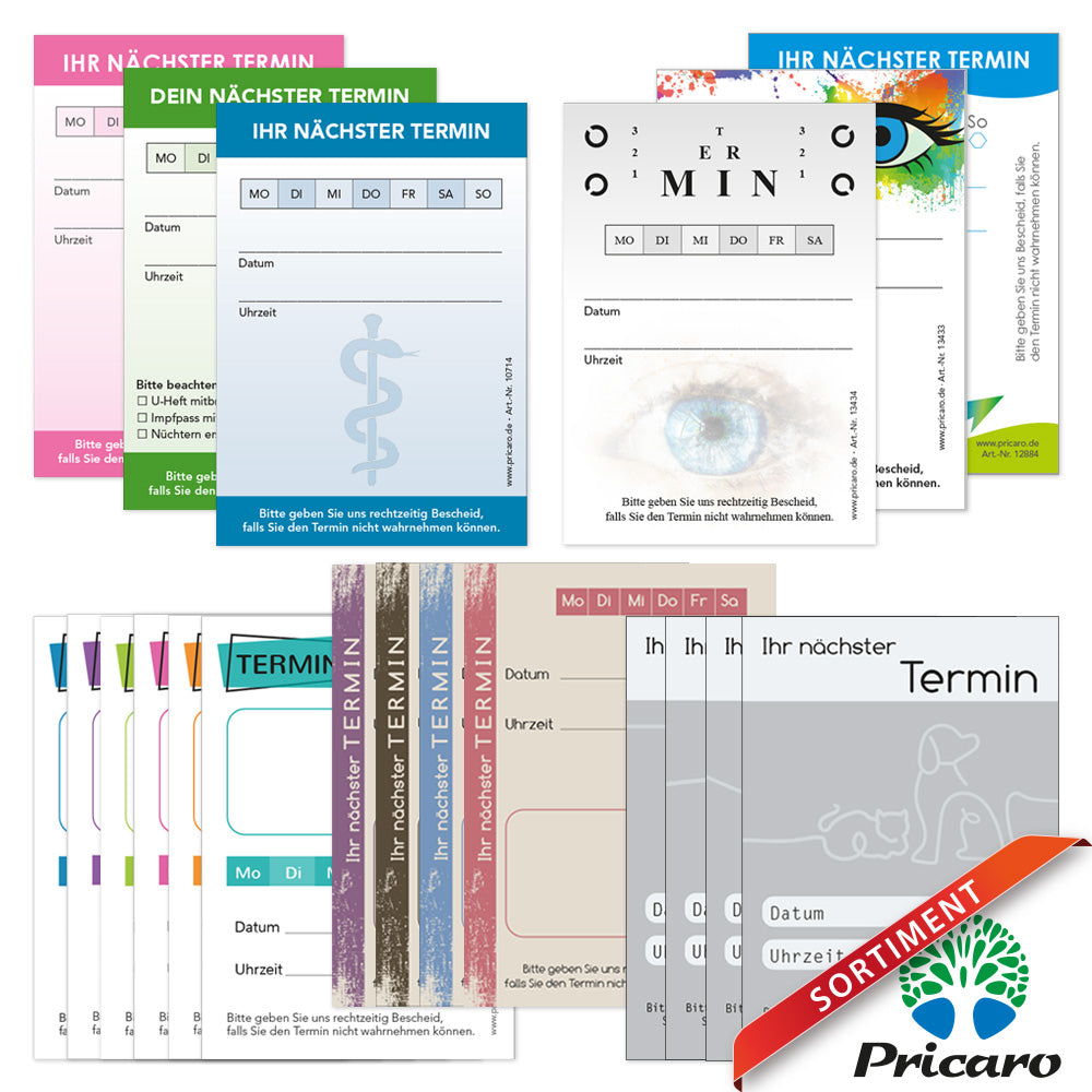 sortimentsübersicht verschiedene terminblöcke