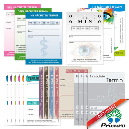 sortimentsübersicht verschiedene terminblöcke