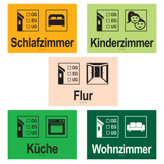 umzugsaufkleber, komplettpaket wohnung, teil 1 - aufkleber für schlafzimmer, kinderzimmer, flur, küche und wohnzimmer
