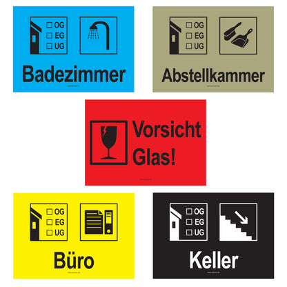 umzugsaufkleber, komplettpaket wohnung, teil 2 - aufkleber für badezimmer, abstellkammer, büro, keller und vorsicht glas