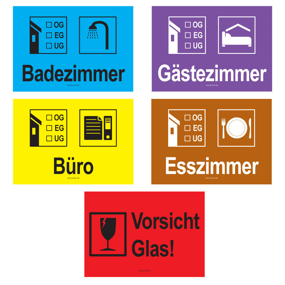 umzugsaufkleber, komplettpaket haus, teil 3, badezimmer, gästezimmer, büro, esszimmer, vorsicht glas