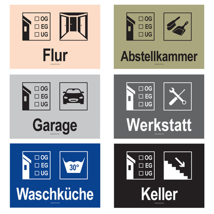 umzugsaufkleber, komplettpaket haus, teil 2, flur, abstellkammer, garage, werkstatt, waschküche, keller