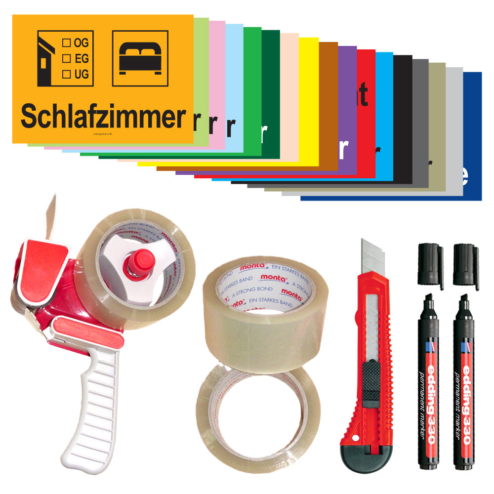 umzugsaufkleber, komplettpaket haus, kombination von umzugsaufklebern und set-zubehör, 2 marker, 1 cuttermesser, 1 handabroller und 3 klebebandrollen